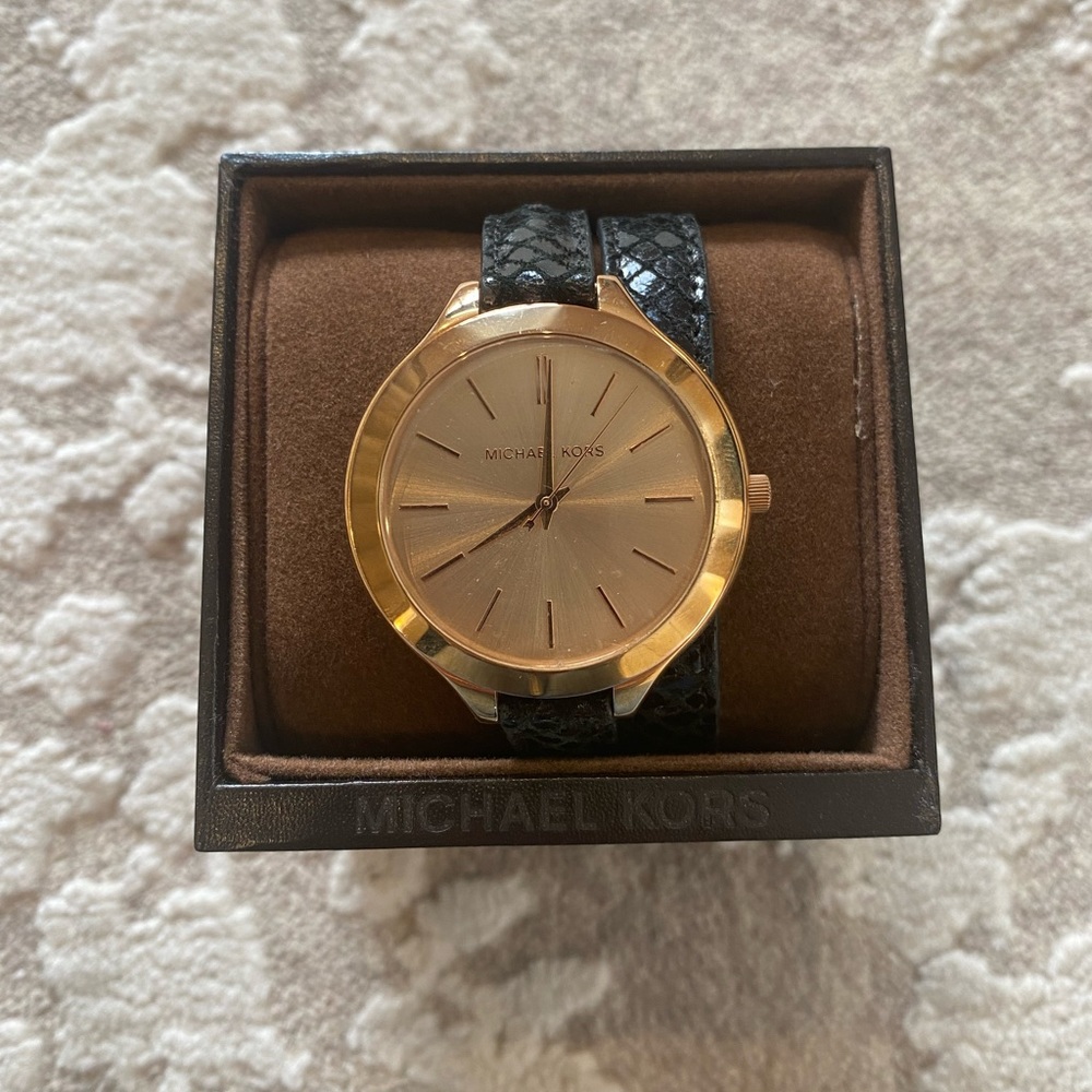 Michael Kors Slim Runway Rose Dial Black Leather Watch